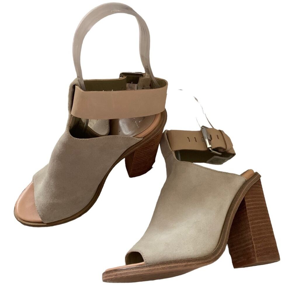 Marc Fisher Vashi Beige Suede Buckle Peep Toe Block Heel Sandals Size 5.5